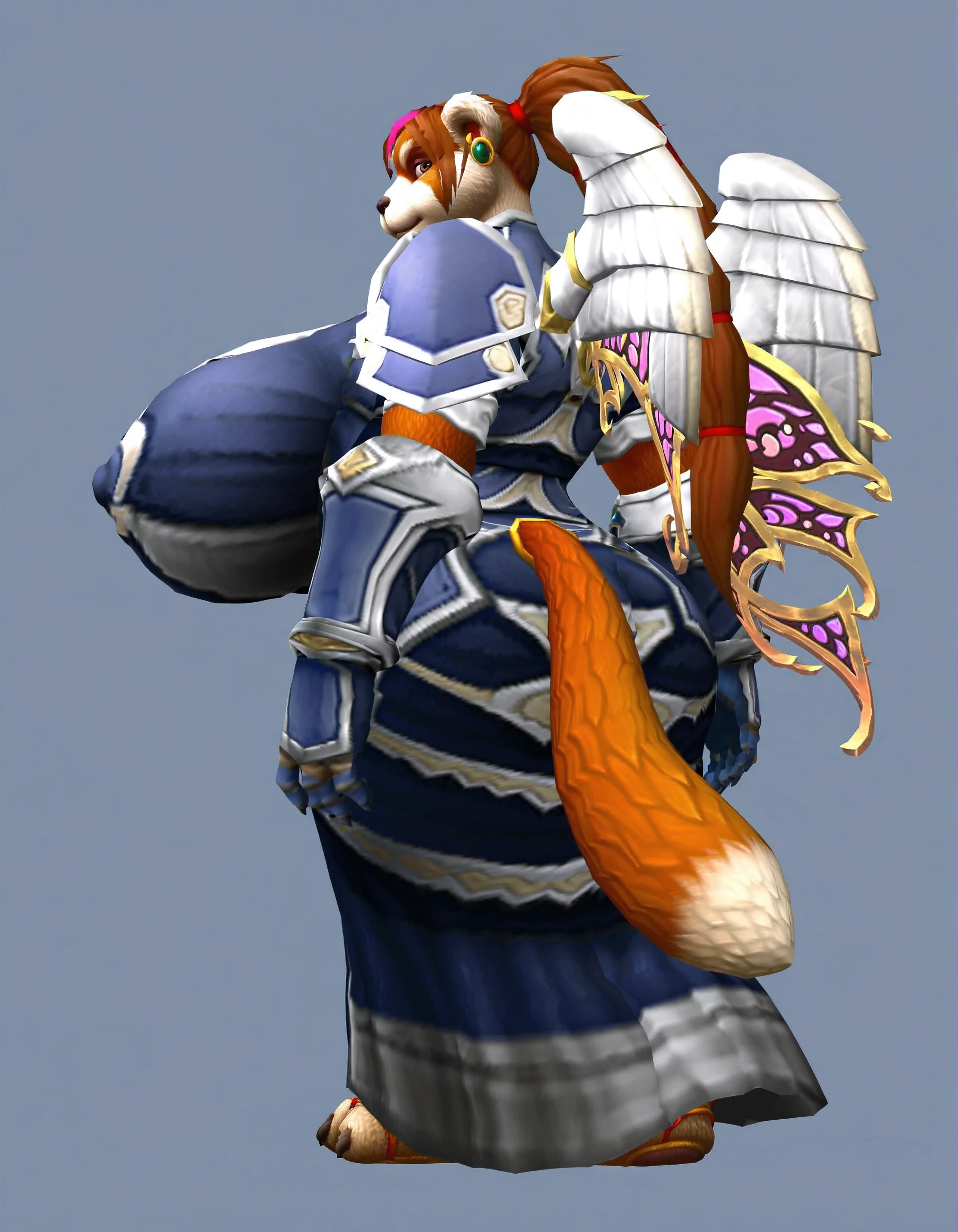 score_9, score_8_up, score_7_up, score_6_up, score_5_up, score_4_up, 1girl, furry, brown hair, ponytail, brown eyes, animal ears, ((((earrings, armor, robe, shoulder armor, gauntlets, full nipple outline)))), wings, butterfly wings, tail, ((hyper hips, hyper hyper breasts, hyper hyper nipples)) full body, standing, (((from behind, looking back))),
light blue background, simple background,
