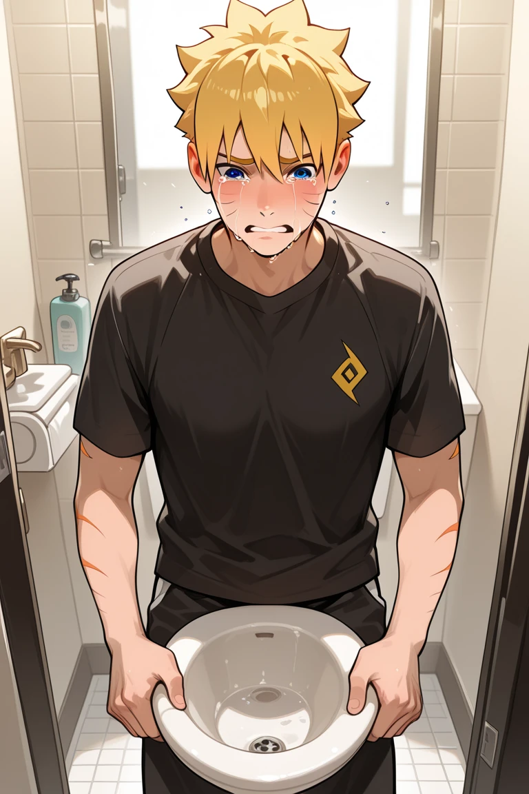 vane /(granblue fantasy/)、muste piece, ,NSFW,best quality,male,solo,beautiful detailed skin、Glittering oiled skin,blush、(white shirt,black apron, cafe uniform,detailed face,blush,Panting、泣いている,orgasm:1.2), complicated and elegant、sexy、 Strong muscles、spread legs,(anal,penis,sex,projectile cum,semen,:1.3),kitchen