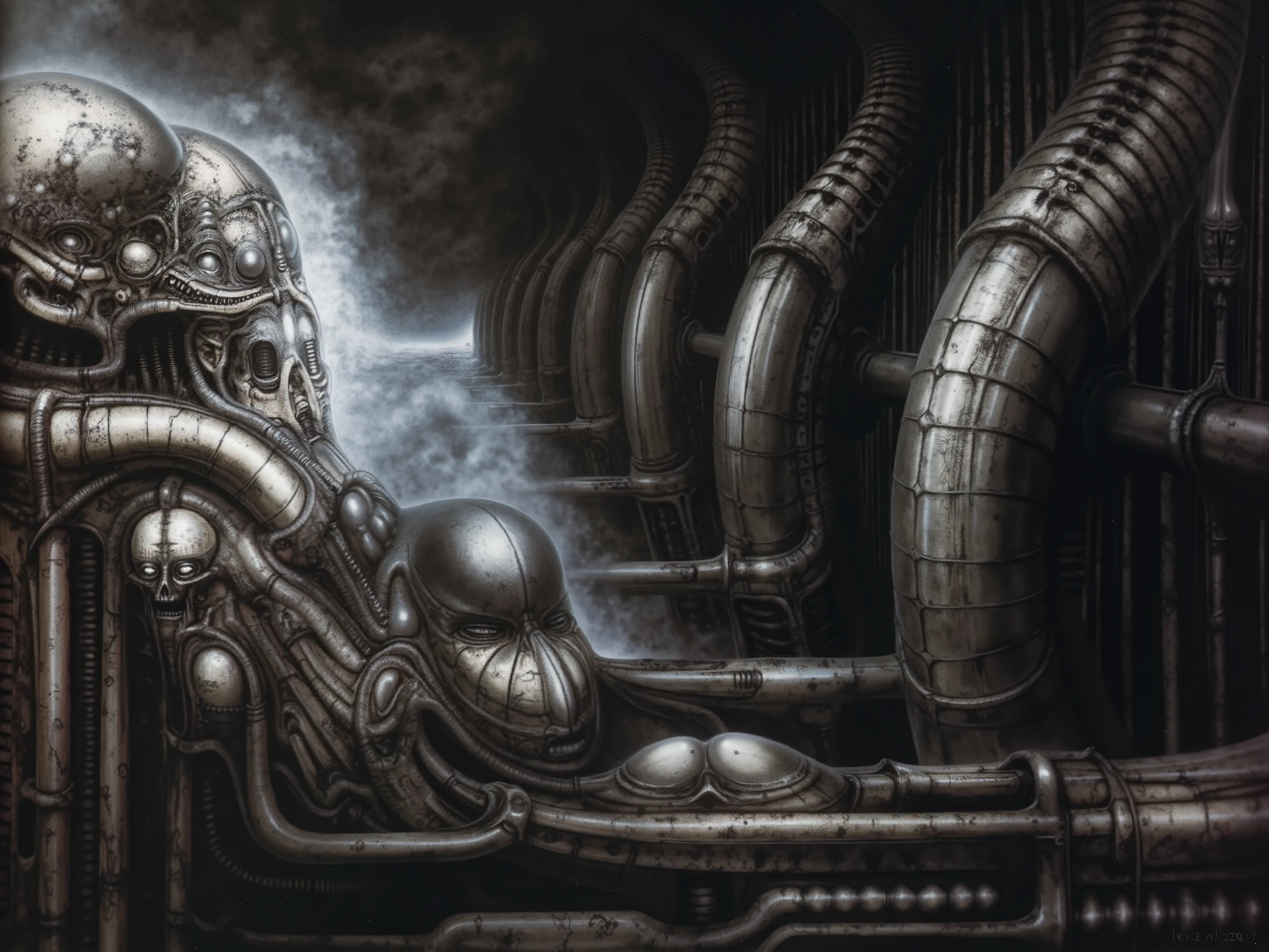 A dark, biomechanical landscape filled with interwoven, elongated, organic and metallic forms, inspired by the surreal and nightmarish style of H.R. Giger. The scene is densely packed with tubular, serpentine structures that resemble a fusion of alien exoskeletons, spinal columns, and industrial machinery. The color palette is dominated by shades of black, steel gray, and oily silver, giving a cold, eerie, and otherworldly atmosphere. The composition is complex and chaotic, with no clear background or horizon, creating a claustrophobic feeling of entrapment. The biomechanical elements are intricately detailed, with ribbed textures, cables, jointed limbs, and semi-organic surface patterns. Some of the forms subtly resemble alien skulls or embryonic figures, embedded within the flowing structure, adding an unsettling and surreal biological dimension. The lighting is low and dramatic, casting shadows that enhance the sculptural depth and gothic horror aesthetic.
Textures and Details -
All surfaces must feature meticulous, integrated mechanistic and biomechanical texturing, avoiding any smooth or simplistic areas. Explicitly incorporate the following specific texture patterns, making them integral to the structure's forms -
Dense Arrays of Parallel Ribbed Conduits - Fine, tightly packed, parallel lines/tubes (Reference - `parallel_ribbed_conduits_texture`).
Interlocking Segmented Chains - Mechanical vertebrae or articulated joint patterns (Reference - `segmented_chain_texture`).
Directional Lines and Curves: The lines and curves of the tubes, pipes, and organic shapes guide the viewer's eye through the composition.
Use DARK BLACK COLORS, symmetrical, perfect, allegory of sin,evil, darkness, big painting, stored in Louvre
