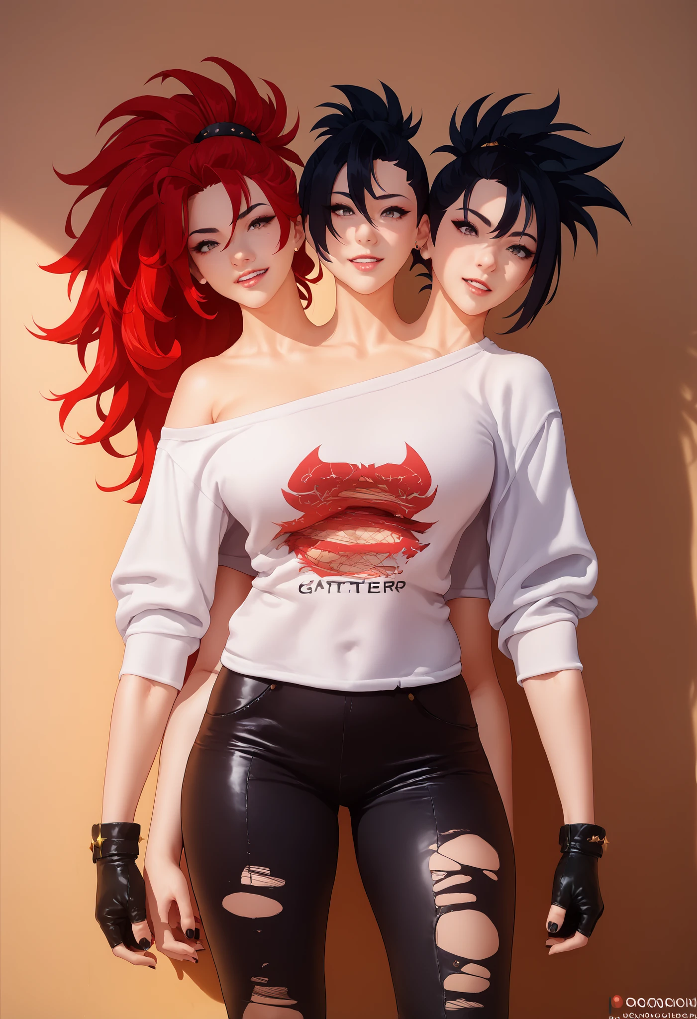 best resolution,anime woman with two heads, gold eyes, different hair colors, red hair, black hair, different hairstyles, different hair-lengths, short hair, long hair, spiky hair, straight hair, hair down, oversized white sweater, one shoulder bare, torn pants, gloves, high leather bootschokers,four arms