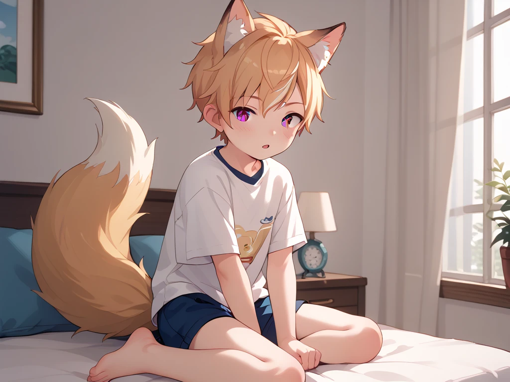 blonde hair, male, femboy, cat ears, cat tail, fluffy curly blonde hair, horny, bulge, crop top, shorts, human, in bedroom, laying down, only person, profile picture, gay, hair down to shoulder, horny, only person, no fur, bulge, curly hair, fluffy hair, down to shoulders, white highlights, horny, blue eyes, only person in room,