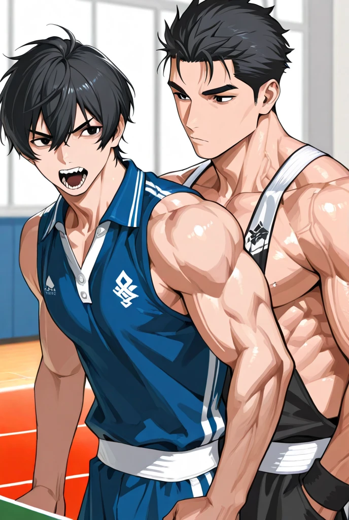 Ash Ketchum and from Pokémon and his long-lost twin brother flexing their biceps under hypnosis with glowing red eyes as they grow into big dumb sweaty hairy muscular football jock bros in a locker room. Hyper muscles. Massive muscles. Big biceps. Big triceps. Big traps. Broad shoulders. Big pecs. Bulging crotch. Hyper crotch bulge. Dumber and dumber. Blank stare with open mouth while saying, "I am a dumb jock.... I obey.... Dumber and dumber.... Hairier and hairier.... Yes, Coach.... Huhuhuhuh...." Slumped shoulders. Hypnosis. Brainwashing. Bigger and dumber jock bros. Assimilation. Transformation into big dumb muscular jock bros. Slumped shoulders. Massive crotch bulge. Bulging glutes. Thick stubble. Hairy armpits. Repeating triggers to be dumber and dumber each time they say them to think and focus only on growing muscle and being the perfect football jocks.