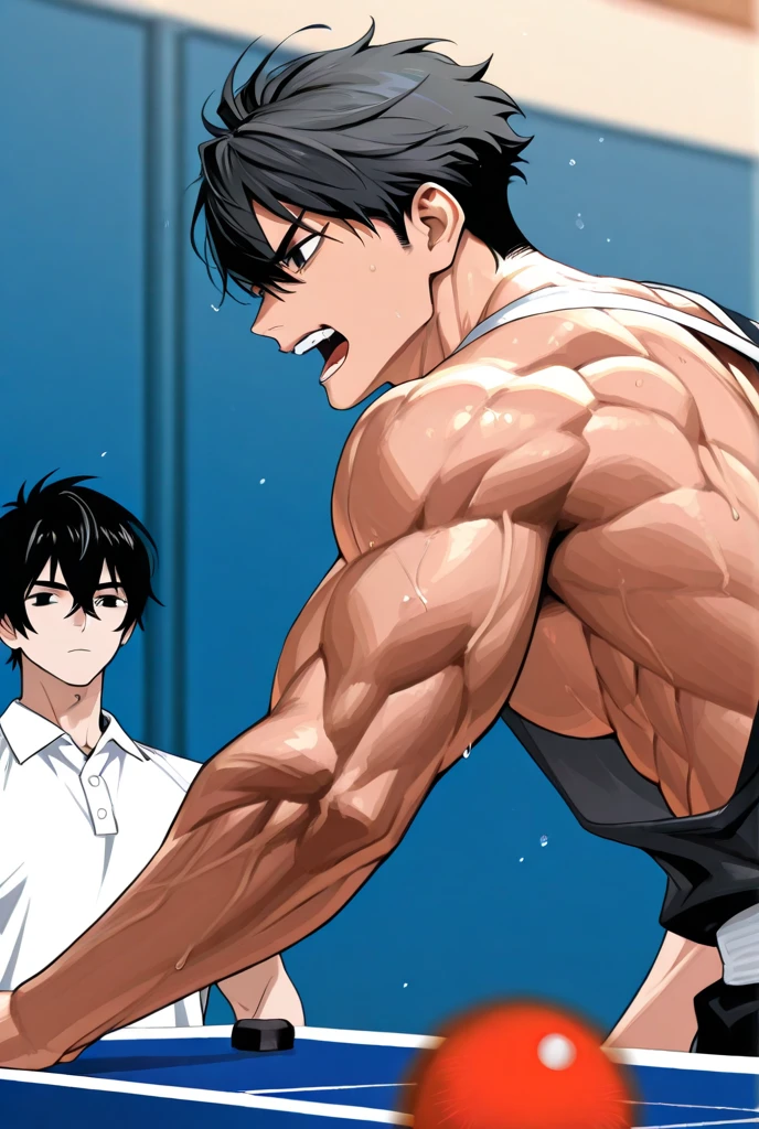 2guys, muscle, talking, indoors, (masterpiece, best quality, absurdists), school, classroom, sportswear, fighting, light blush,