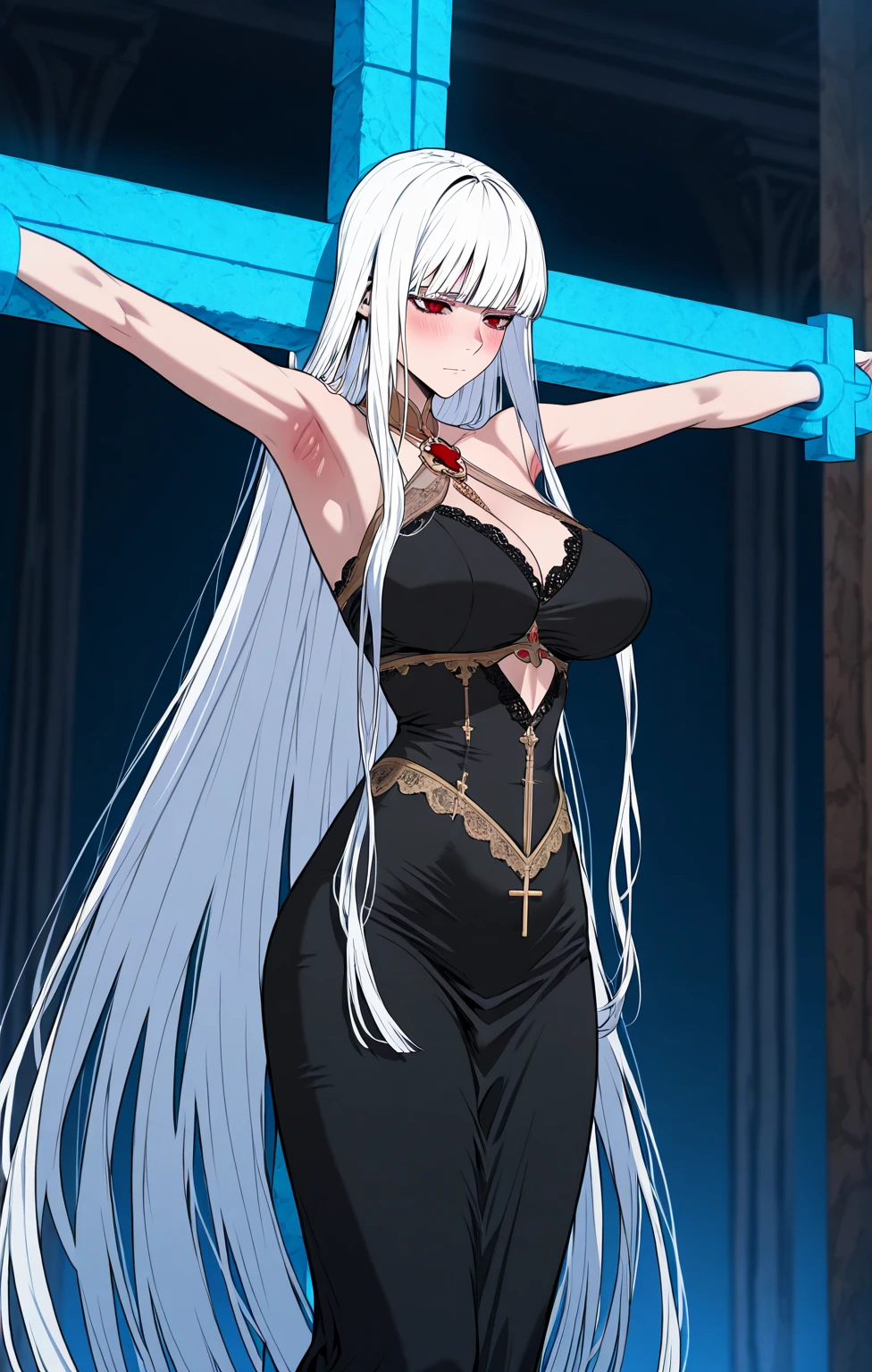 Girl, smile, red lips, big nose, big tits, long hair, white hair colors, fair skin, wearing a necklace, black bra colors, black pants colors, sexy body, sexy girl, sexy pose, Sit down pose, beautiful girl, realistic, indoor, pose