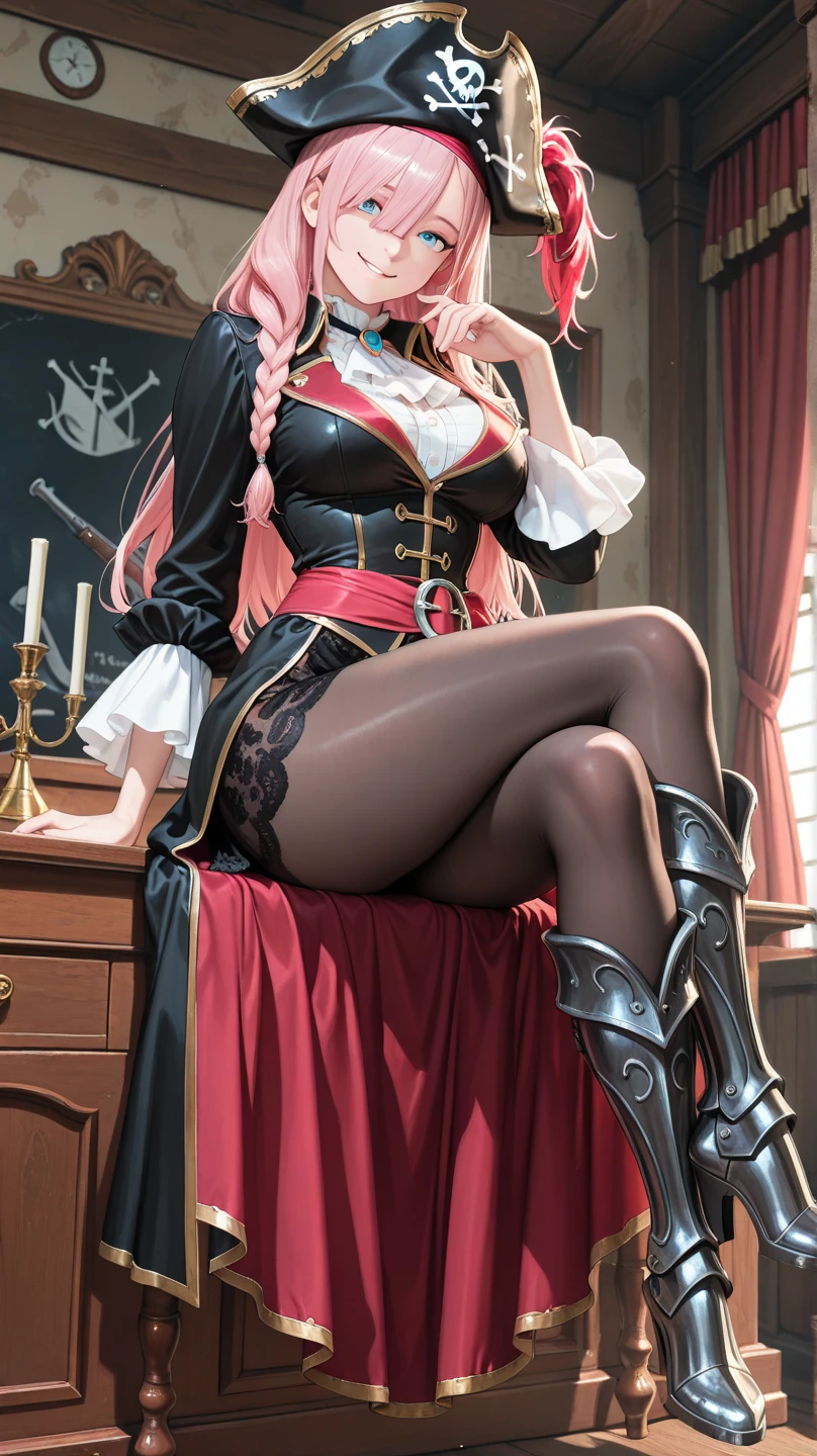 sorceress, sitting, boots, fishnet stockings, mini skirt, rebel, pink panties, blonde hair, pale blue clothes, cleavage, vneck