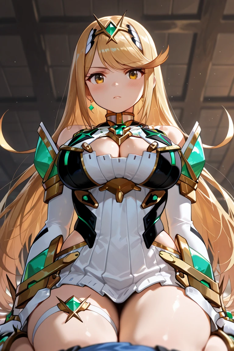 masterpiece, best quality, 1girl, solo, mythradef, tiara, earrings, chest jewel, cleavage cutout, cleavage, white dress, short dress, gem, elbow gloves, white gloves, thigh strap, smile, blush, looking at viewer, arms behind back,