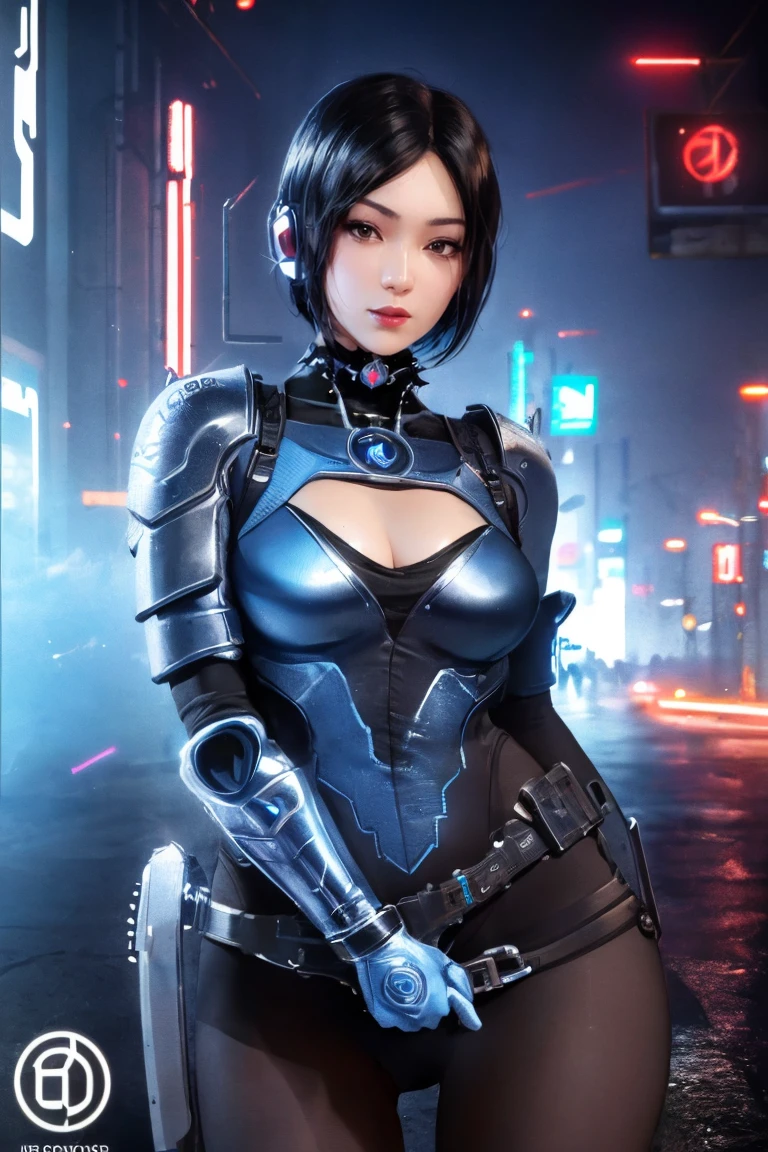 (masterpiece: 1.21), (Highest quality), Very detailed, Super detailed, One girl with short hair, (Black Hair:1.2),(Glowing Eyes: Black tight suit : 1.2, Long ears: 0.8), (Big bright blue eyes:1.2),(cyber punk: 1.2), (Fantasy Landscape: 1.2, Natural light: 1.5, Confident expression), (Firm breasts:1.2),(Panorama: 1.2), smile, angle, Arita, cyber punk Dark Black background、Perfect body、1 female