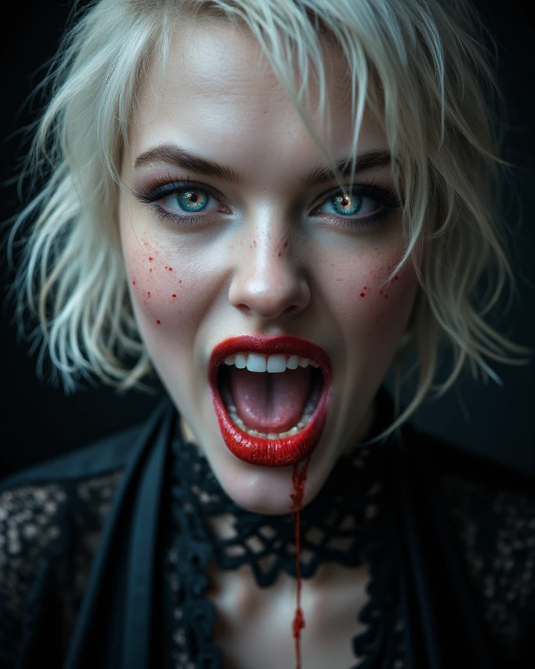  (age 25)  psycho ex girlfriend  (crazy makeup, crazy hair, strappy tattered lingerie, jagged tools), smile teeth showing, large crazy eyes, blood spattered bedroom, blood splattered over body,
