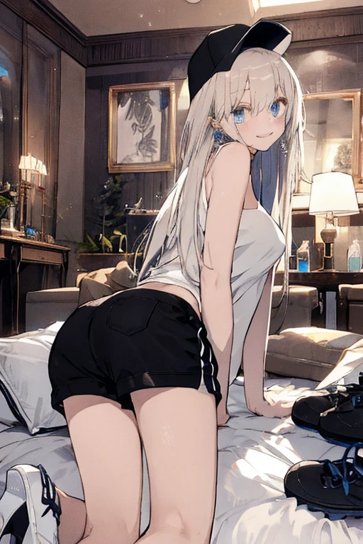 ????　(highest quality:1.5, High resolution, 超High resolution, 4K, Detailed lighting, Shaders)(masterpiece:1.2), Very detailed, destiny/Background of the stay, indoor, Illyasviel von Einzbern　alone, Cowboy Shot,Long Hair, Gray Hair, Red eyes, White tank top　Denim shorts　M-shaped foot　sneer　atmosphere　Beautiful night view　On the bed　Angle ???????????