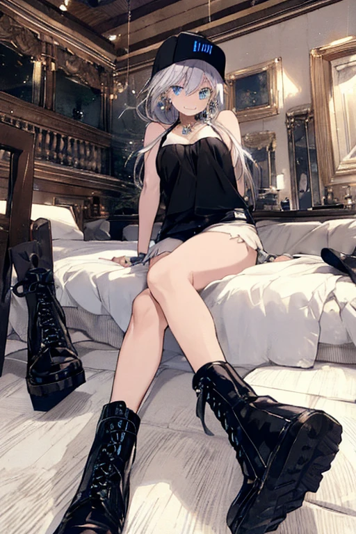 Best Quality, Masterpiece, High Resolution, 1Girl, Bound Arms, Bound Legs, Boundage, BDSM, Split Legs, Fear, Slender, Collarbone, Groin, White Hair, Gray Eyes, Dark Room, Chains, Straps Off, Panties Down