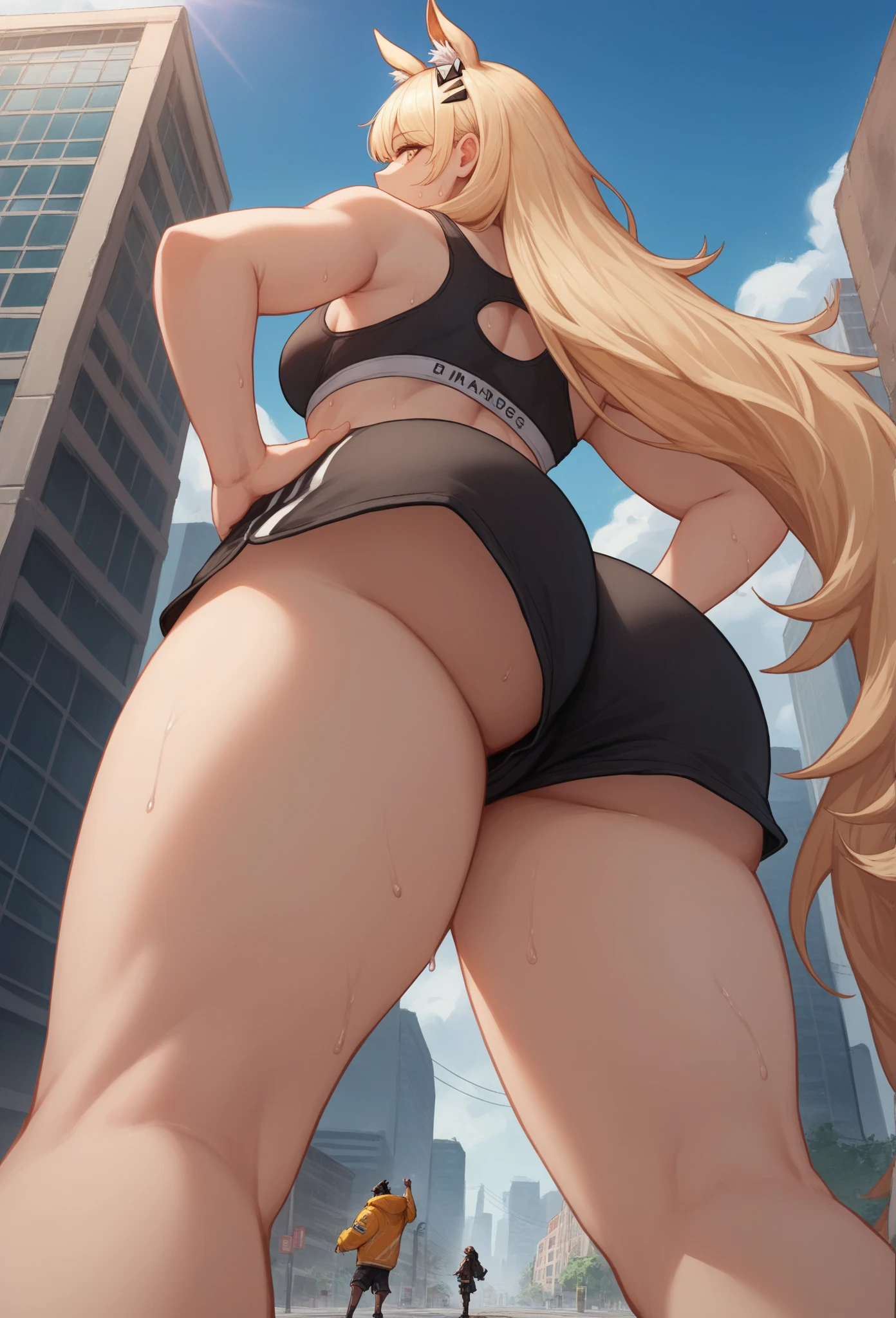 Super detailed、highest quality、Best image quality、masterpiece、8K、Anime Face、A kind smile、Open Mouth、Sparkling Blue Eyes、(Long blonde wavy hair:1.5)、Heavy bangs、Wearing a maid headband、(SFW huge body)、(((Rear view)))、Cowboy Shot、(Wearing a white thong:1.3)、Muscles of the whole body、(Place your hands on your hips:1.2)、(Put your right foot forward:1.5)