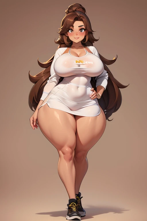 (1:1 girl)) light brown hair, long choppy hair, bangs,, pale skin, lipstick, lips, red lips, big perky breasts, ((solo half body portrait) high quality ((HD)) beautiful, sexy, chubby, hourglass figure, thick, little tummy ((high quality solo portrait)) smiling