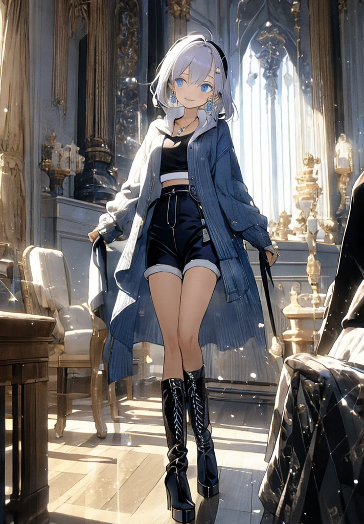 Modern style, A young male with long snow-white hair, blue eyes, and fair skin, wearing a black hood, black thigh-high shorts, white socks that go past the ankles, and black shoes with white laces.