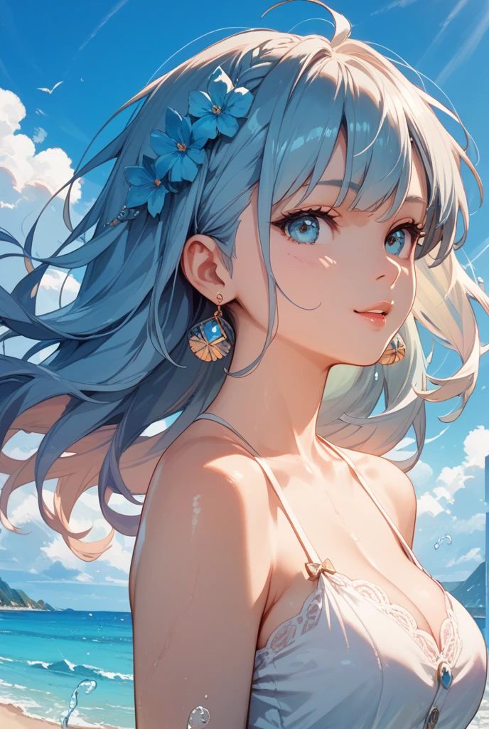 upper body of goddess of azure flowers, blue eyes, long light blue hair, (naked), front view, blue petals flying in he wind, sunshine
