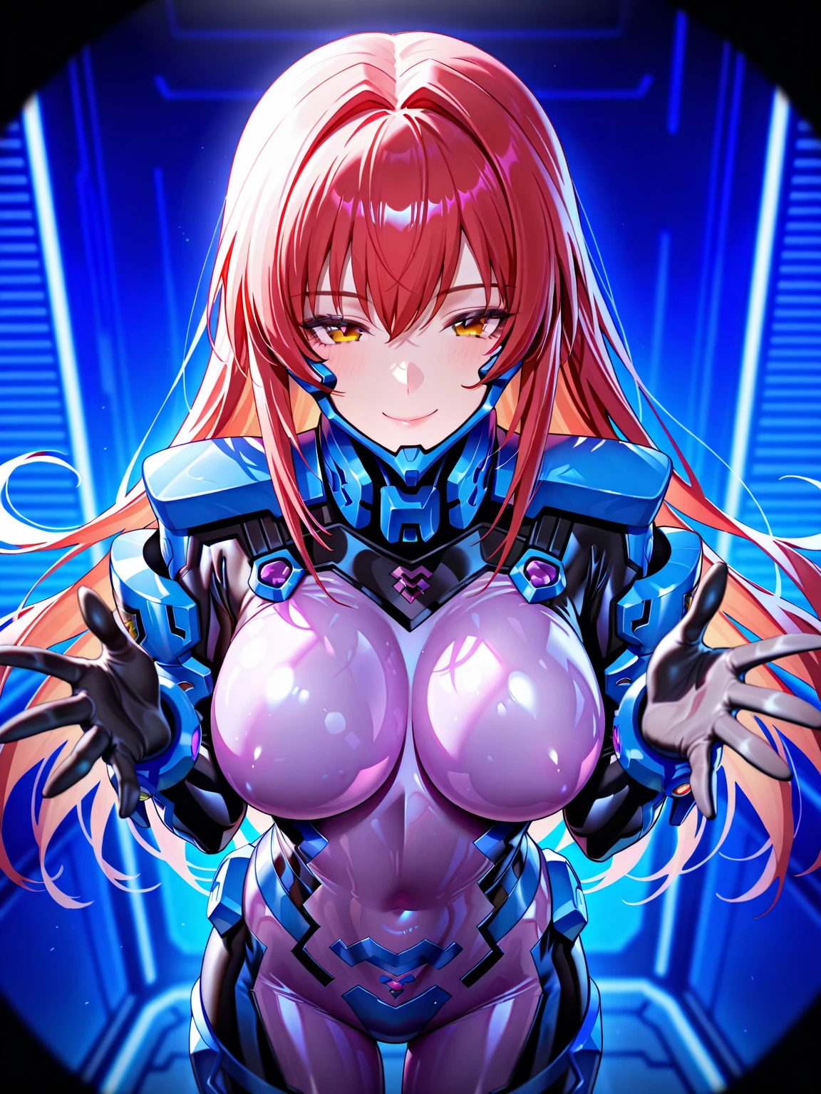 Mechanical armor, female robot, robotic , mech head, white armor, yellow glowing eyes, metal face mask, large robot breasts, huge hips, purple magical lights, very long purple cloak, full body side view