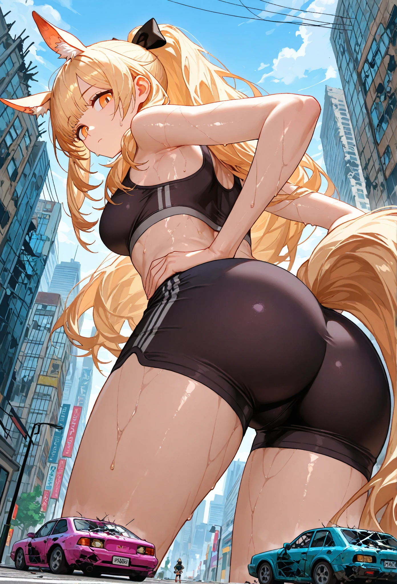 Perfectly detailed hands, solo, female, hair, detailed eyes, city, golden hour, plants, (((by bebebebebe))), by buta99, by pgm300, by kishibe, by suurin 2, by sindoll, canine, brown fur, dark brown fur, long hair, blonde hair, (((snout))), green eyes, long snout, pounty snout, thin snout, green eyes, (detailed eyes), big butt,