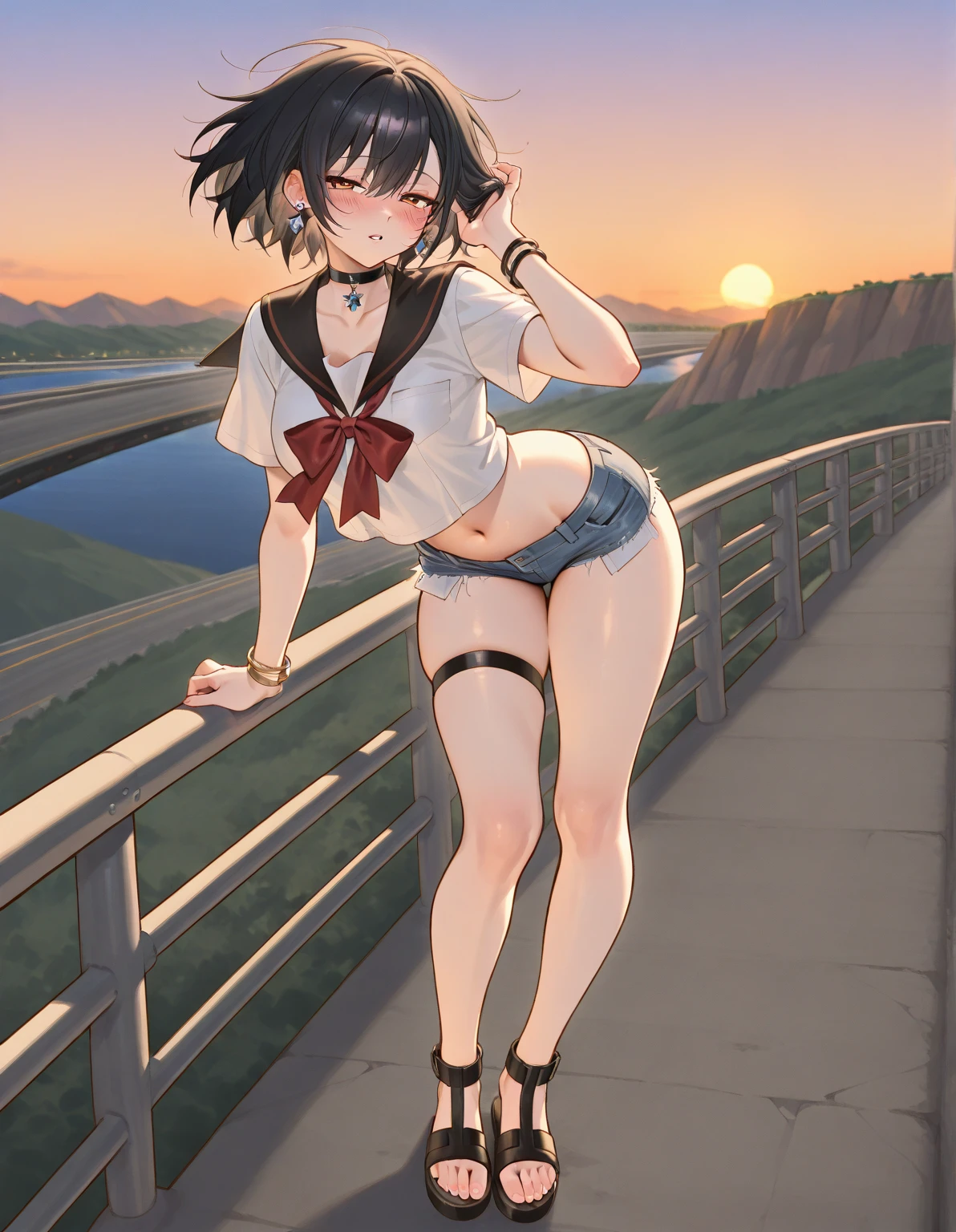 solo, Rukia_Kuchiki (cabelo preto curto, seios pequenos), tight shorts and top, photo from behind, cute ass, japanese city