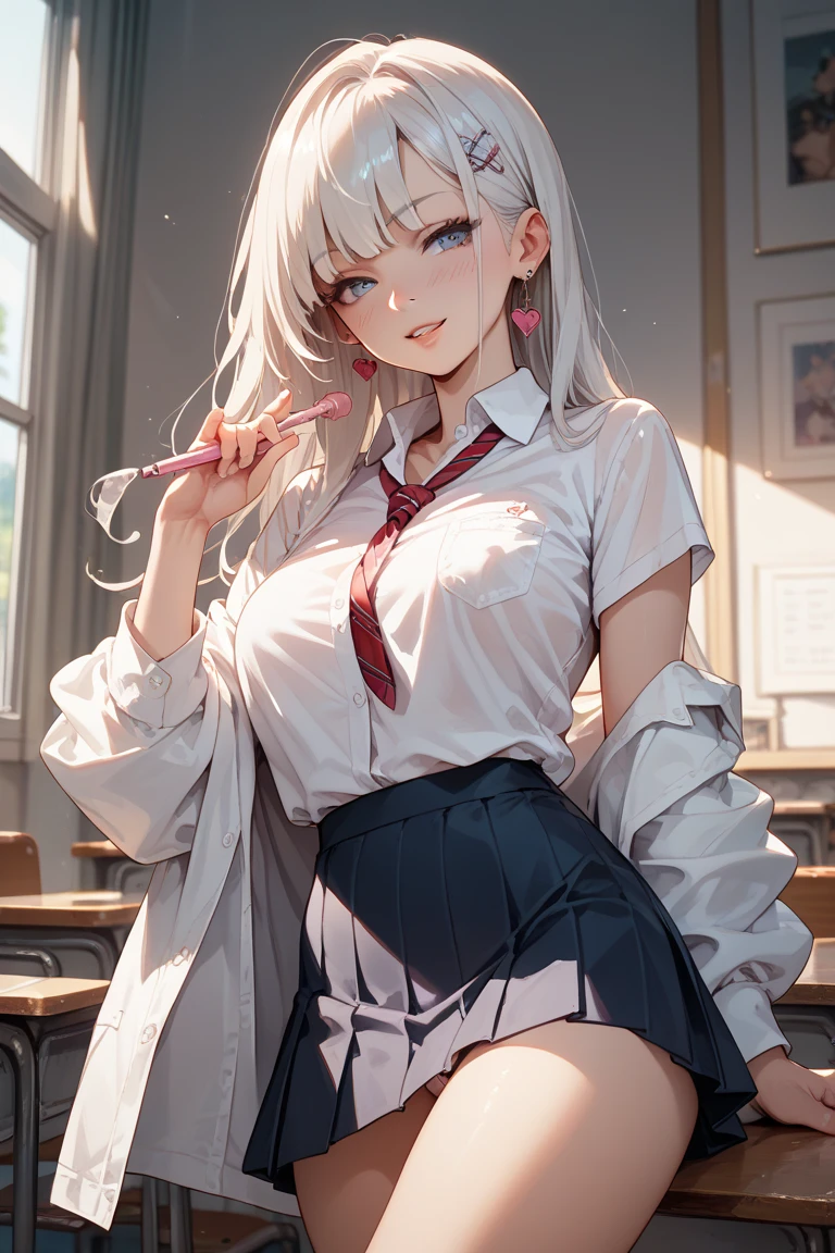 （（波浪形White长发）：1.3，Beautiful and delicate eyes，Perfect proportion，Bright eyes，Light makeup，Necklace，earring，Pink and moist lips），1 room sexy beauty，Reading in the library，V gesture，Elegant and beautiful hairpins，White波浪卷发，赤腿和High heel，student，White shirt with black pleated skirt，White，High heel，Red tie，With dignity、capable，（（8k，masterpiece，Realistically），（Super detailed，Ultra-clear，Nature）