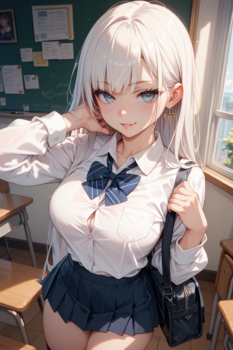 (8K, Best Quality, Masterpiece:1.3)), Ultra High Resolution, (1 Girl, 1 Person), (Color Changing Eyes, Super Detailed, Expressive Sparkle, Sparkling, Glowing Eyes), Highly Detailed Eyes, Highly Detailed Face, Random Hair, (Silver Gray Color), "Woman wearing a casual top with a low neckline." "Woman wearing a uniform with a low neckline." The background is a school classroom, a calm space with simple desks and chairs. The classroom walls have learning posters and a blackboard, and soft natural light pours in through the window. The woman is captured at an angle from above, with her silver hair hanging straight down.
She is wearing a clean white uniform shirt with a low neckline. The V-shaped cut of the shirt accentuates her chest, and a simple white bra is visible underneath. The lace details of the bra are slightly visible, and the fabric of the shirt fits her body. The skirt of the uniform is above the knees, and a ribbon with a crescent-shaped accessory is tied at the chest.
She is smiling with a relaxed look, slightly blushing, and her figure blends in with the natural atmosphere of the classroom, and the bright light in the background adds a soft glow to the whole look.