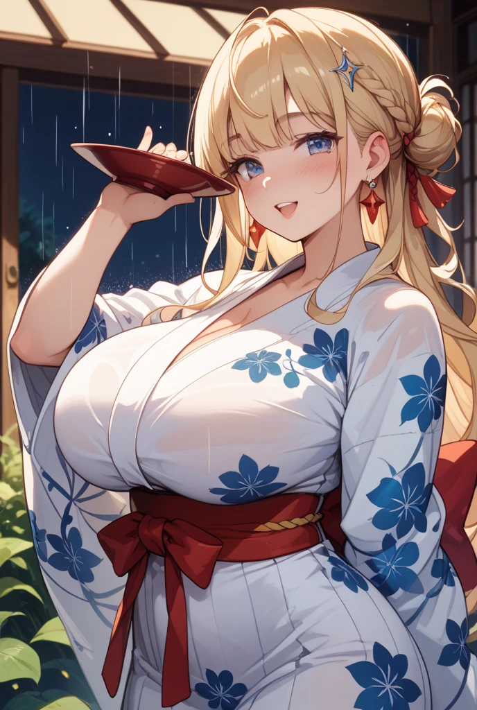(Masterpiece, Top quality: 1.5), upper body , (holding a big folded fan:1.3), dynamic pose, 1 beautiful girl, solo, blond hair, (kimono :1.3), off shoulder, medium hair, wave hair, (:1.2), cleavage, medium breasts, standard weight, (blush:1.2), Beautiful Scenery of Kyoto, magnificent panorama view