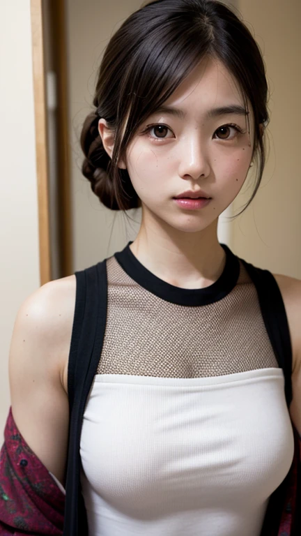 ((realistic face, fascinating, adult expression, White eyes)), (Grey crop top, black underwear, short clothes), (black long hair), (20 years), (1 girl), (4K style))