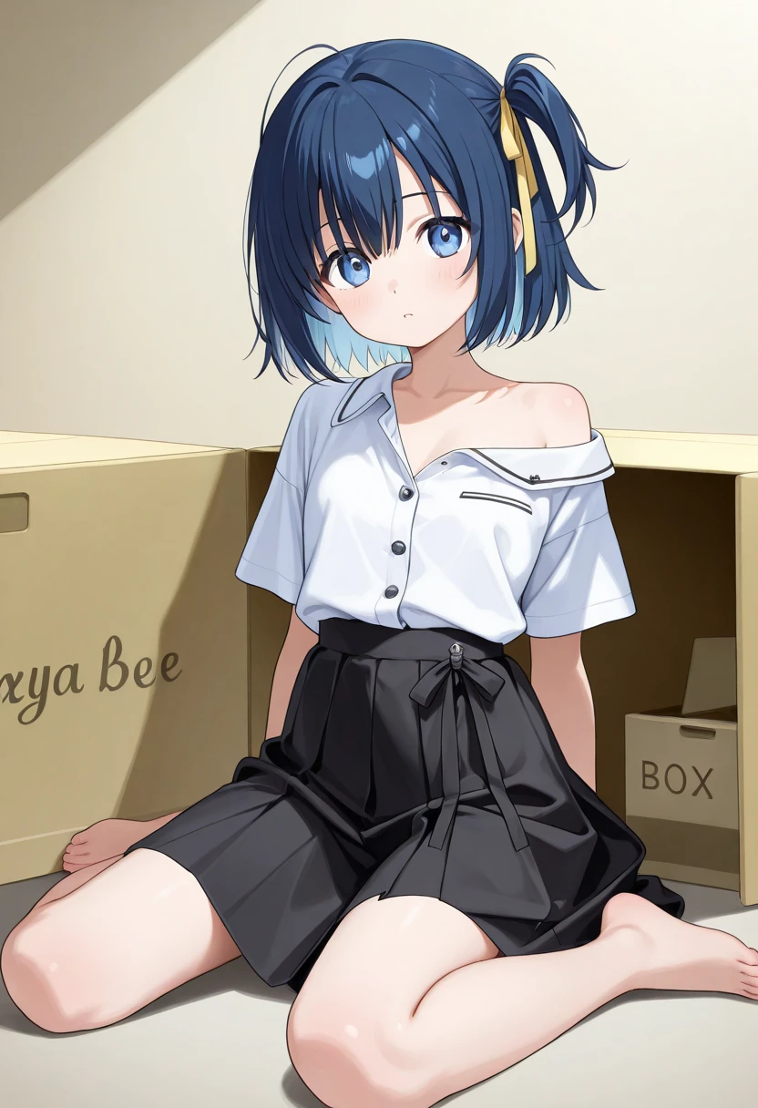masterpiece, best quality, highres, absurdres, 8k, 4k, official art, 1girl, young girl, blue hair, short hair, lotus position, small white t-shirt, Miniskirt, white panties, small breasts, high school girl,