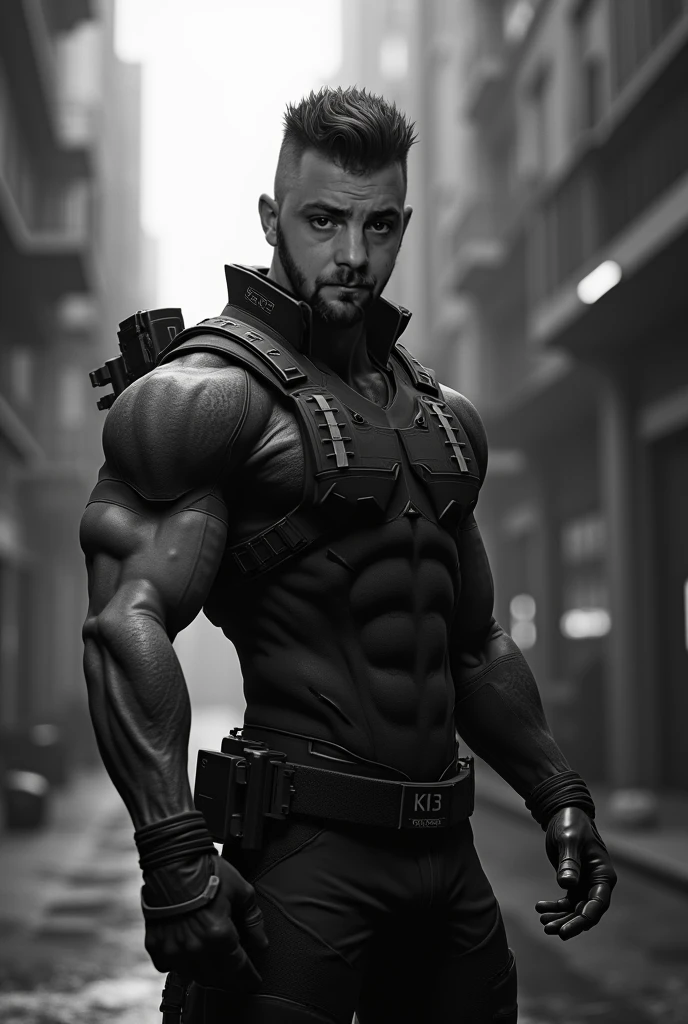 man. Age: 25 years. face: attractive, male with short beard. body type: atletico, muscular, hairy chest. fur: Caucasian. Eye color: blue. Hair color: reddish blonde. look: Intense. Clothes: police uniform, shirtless, with pants. scenery: patrolling an alley at night.