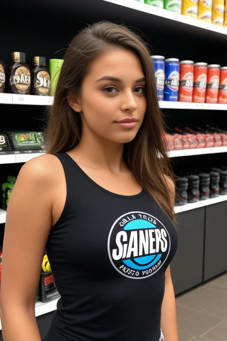 Model, blue hair, thick hair, clean face, green eyes, big boobs, wearing t shirt and shorts, flip flops in feet, smiling, standing in a cosmetic store