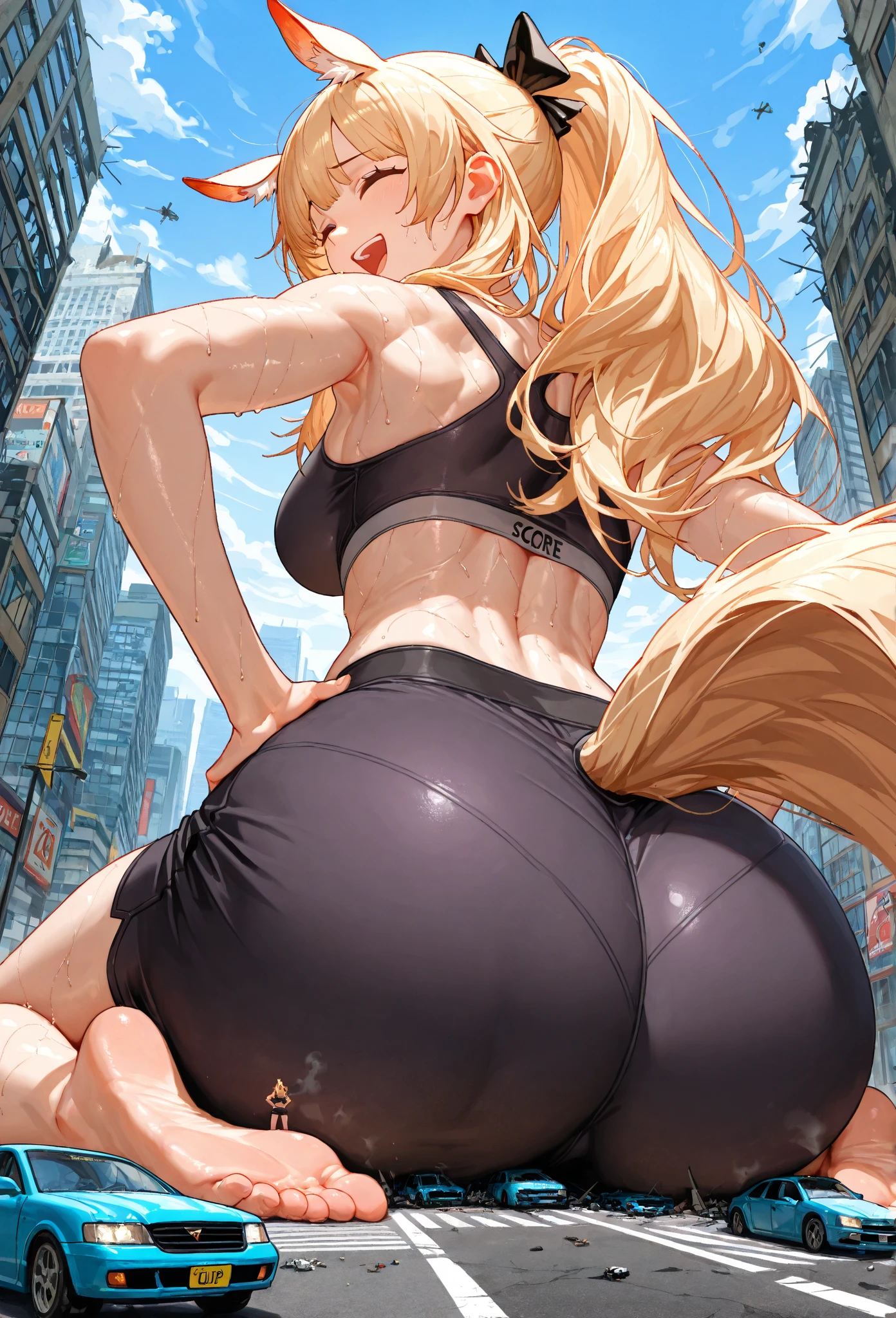 ((best quality)),((highly detailed)),masterpiece,detailed face,beautiful face,(detailed eyes, deep eyes),full body,long hair, stretching-hairstyle, outfit-stretching, ass, looking back, ass focus,yoga pants, looking at viewer, blush, ponytail, huge ass, from behind, bangs, all fours, hairband,Street style photography,Erina_Prodigy,amazing beautiful face,happy face,grin,(blonde hair), purple eyes,collarbone, <lora:more_details:0.3>,(vivid,colorful:1.1), dreamlike lighting, sunlight shining through in her hair,<lora:OUTFIT-painleve_team_stretching-000010:0.7>, <lora:Erina_Prodigy:0.8>,