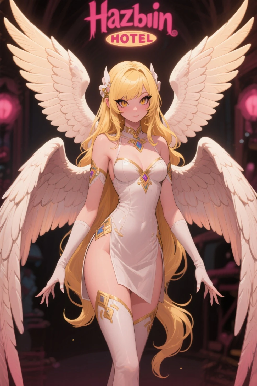 young girl, longue blonde hair, elf ears, white eyes, angel wings, Naked, gold tattoos, Masterpiece, hiquality