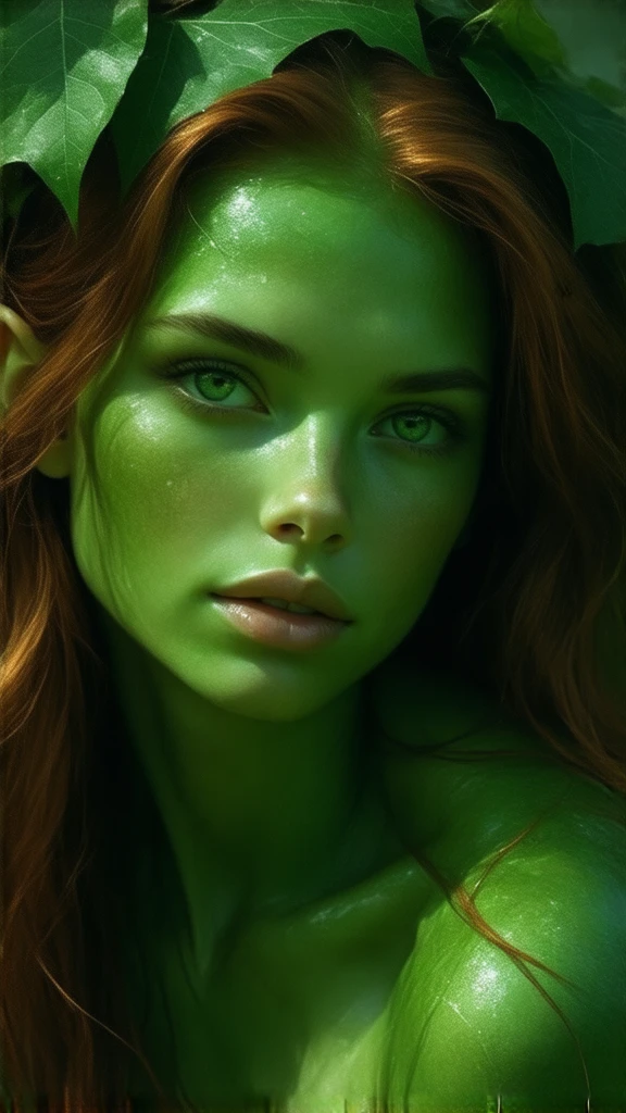 Tomboy girl,long red hair,green skin