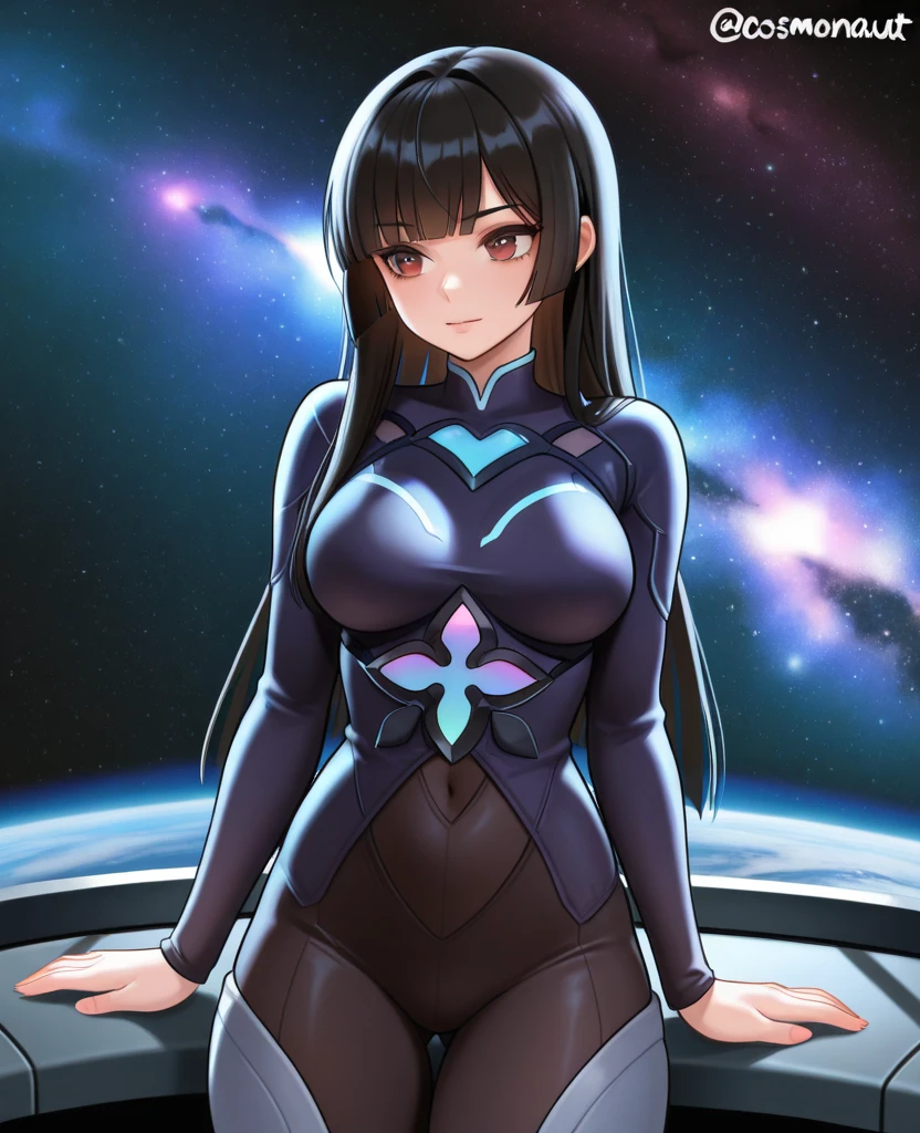 (1 girl), (solo), ((amanogawaki)), best quality, highres, high quality, 8k, HD, super detail, anatomically correct, UHD, accurate, (masterpiece:1.0), (high quality:1.0), (ultra detailed), (Planets on a Galaxy background), Purple Eyes, Looking At viewer, Serious Face, detailed eyes, (Black Leotard), (Black thigh Highs), (perfect hands), (Wearing a crown with an Aqua Gem)