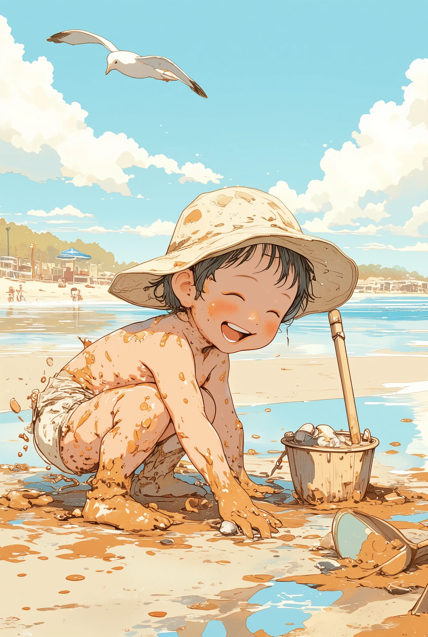 low-angle view,
a joyful baby covered in mud, crouching with gleeful concentration while digging with tiny hands in the wet sand during low tide,
wearing only a sun hat and a soggy diaper, splashes of seawater and sand clinging to chubby arms and cheeks,
a small bucket beside them filled with clams and shells, a wooden toy shovel half-buried in the muck,
background shows a wide tidal flat shimmering under the summer sun, with distant families and beach umbrellas,
the sky is pale blue with fluffy white clouds, a seagull flies above,
illustrated in a picture book style with thick lineart, soft watercolor washes, gentle color bleeding, and warm paper texture,
the atmosphere is nostalgic, playful, and filled with innocent summer joy