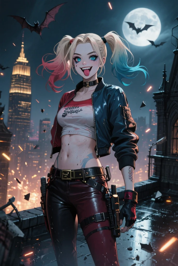 1girl, (solo), thighs, looking at viewer, Look directly, HarleyQuinn, HarleyQuinn, suit, twintails hair, light gold hair, smile face, bodysuit, little skirt, big breasts, sitting down, city, (night), white moon, (very sexy body, detailed face, masterpiece, highly detailed, 8k, best quality, vibrant colors, digital art, concept art)