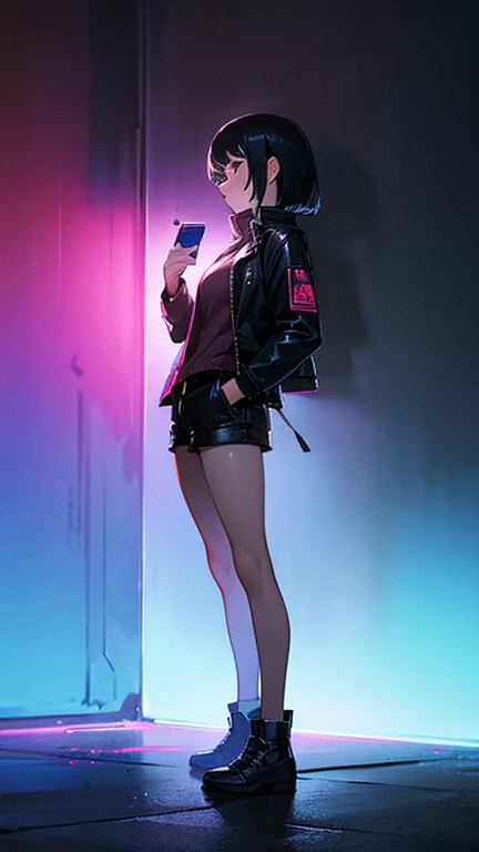 Boy, effeminate, tall, dark hair, pixie cut, pale skin, thick thighs, small waist, thigh highs, leather jacket,mini skirt, thigh high boots with heels, full body image ((best quality)), ((masterpiece)), ((detailed)) flat chest, no 