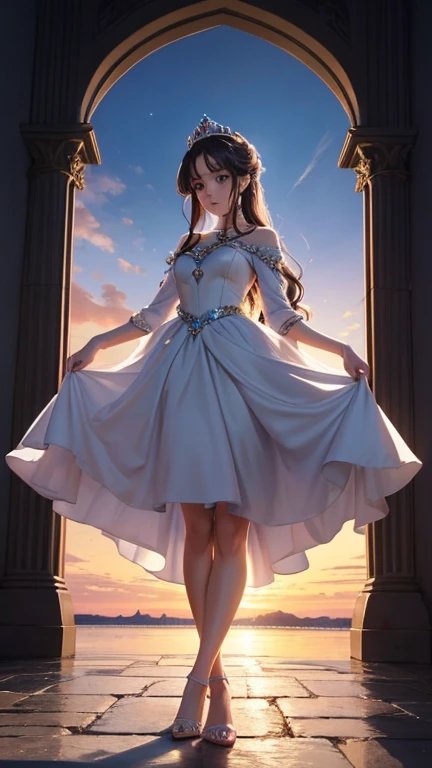 Generate an image of a young heroine wearing a luxurious dress that billows in the wind. The dress should be extravagant and elegant, flowing gracefully around her as she stands with poise and confidence. (Masterpiece:1.25),(majestic:1.1),(detailed:1.05),(with a hint of regality:1.1)