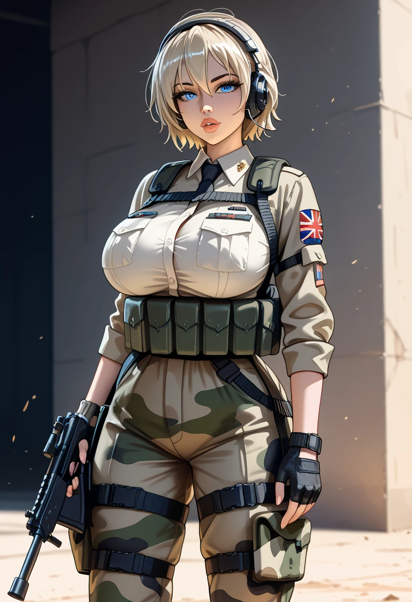 a  portrait of a wispy [vixen|siren] , wearing camouflage_uniform, <lora:camouflage_uniform04:0.45>, , dark pretty, perfect face, pretty face, teal eyes, natural blonde hair, short hair, medium breasts, lush detail, absurdres, on a wooden bridge,
