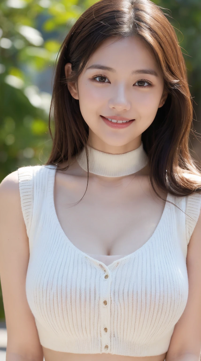 masutepiece, Best Quality, Photorealsitic, finely detail, hight resolution, 8K Wallpapers, Perfect dynamic composition, Beautiful detailed eyes, Medium Hair, large full breasts, Random and sexy poses,Bring your chest together、(Mock Neck Crop Tank Top White Knitwear、Cleavage looks realistic)、(Breast bulge 1.2)、A smile、open open mouth、Resort scenery、23years old、(Drooping eyes 1.4)、Adult beauty、japanes