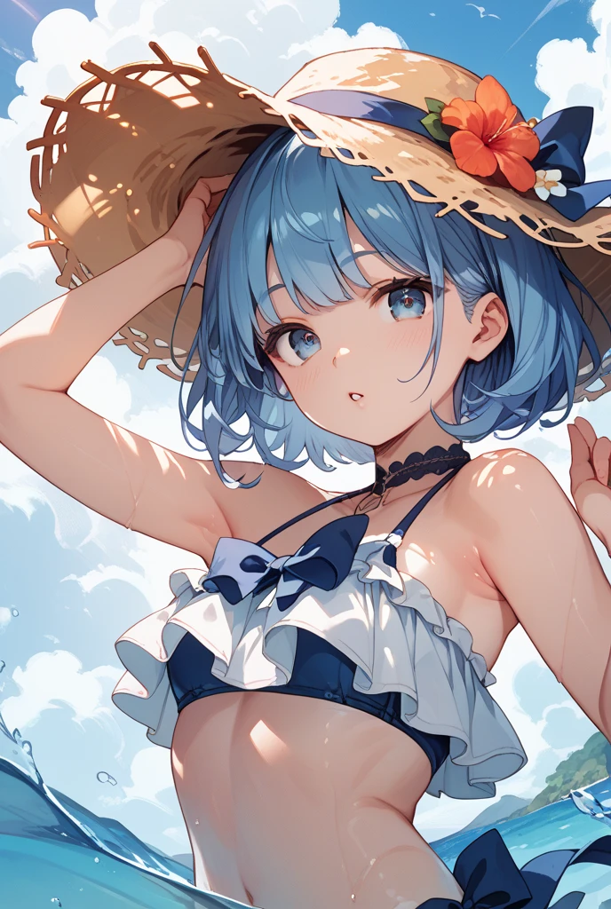 rezeroRem, Rem, blue eyes, Blue Hair, hair ornaments, Hair on one eye, Hair Ribbon, short hair, x hair ornaments,Straw hat,,happy smile, smile, Open your mouth,blush,See-through shirt,Bikini under clothes,Wet clothes,Wet Skin,walking,whole bodyがイラストに入るように,
break outdoors, Beach,Sandy Beach,
break looking at viewer, whole body,
break (masterpiece:1.2), Highest quality, High resolution, unity 8k wallpaper, (shape:0.8), (Beautiful attention to detail:1.6), extRemely detailed face, Perfect lighting, extRemely detailed CG, (Perfect hands, Perfect Anatomy),