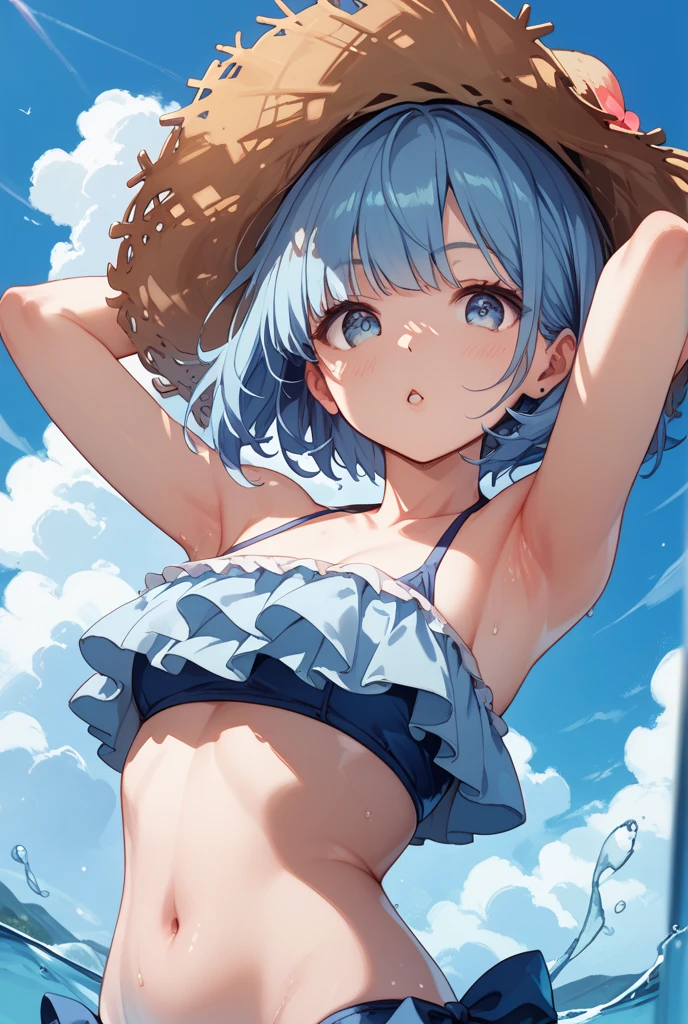 yuriko nanao (million live), 1 girl, Solo, Cute Girl, Best Quality, Ultra-detailed, 8K, High resolution, Detailed face, shiny skin, (from below), Bob Hair, happy smile, one eye closed, (((have fun))), (((bikini, wet skin, wet hair))), (((outdoor, shining sky, sunshine, Summer, Beach, Resort, palm tree, flying seagull,)))