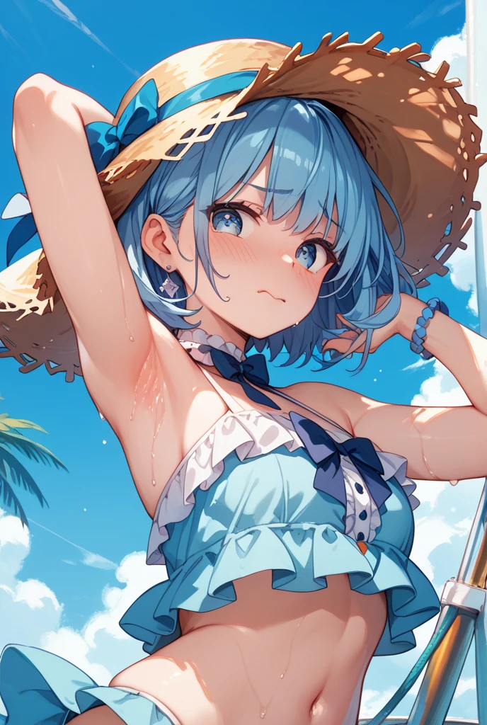 hatune miku, cowboy_shot, from_below, breast squeeze, beautiful detailed fullbody, flat chest, girl,woman,female, very short hair, Beautiful face, full-face blush, beautiful detailed eyes, cat_ears, medium_breasts, navel, , highleg, skindentation, sky,