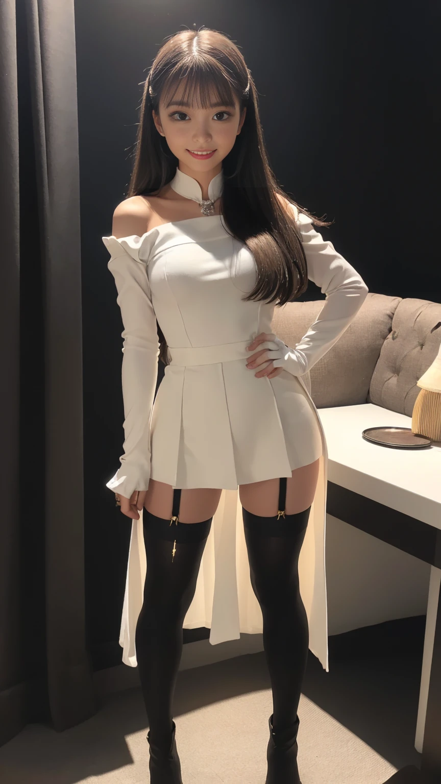 RAW photo, bokeh, (Lifelike face), smiled slightly, Top image quality, High resolution, high contrast, best quality, 8k, HDR, (photorealistic:1.5), young Asia girl, (1girl:1.4), slim figure, perfect face, cool face, (nice leg line:1.3), thin waist,, thighhighs, ((JK skirt)), (Crop top T-shirt,)red lip, looking at viewer, from below, full body portrait, (The golden ratio figure), realistic, photorealistic, award-winning illustration, (intricate details:1.3), (delicate detailed) (intricate details),(cinematic light, best quality Backlights), clear line, sharp focus, ultra-detailed, highres, extremely detailed, extremely delicate and beautiful, professional lighting, dynamic lighting, light on the face, depthoffield, solofocus, glamorous, charisma.