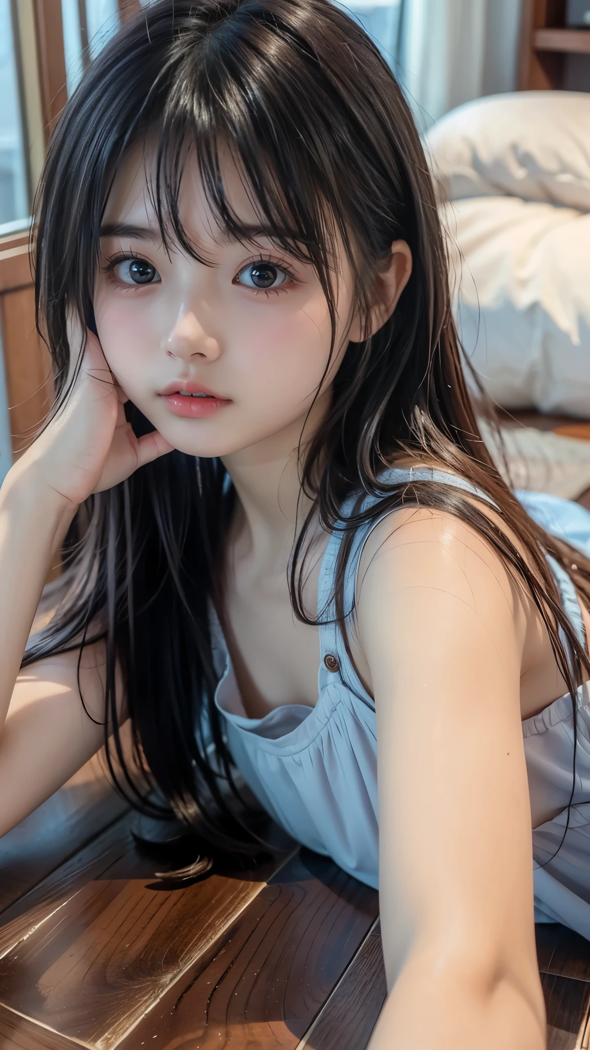 Very young beautiful girl lying face down in a cute pose、Highest Quality、8K、 RAW photos 、reality、ultra high definition、(detailed hands:1.3, perfect right hand:1.3)