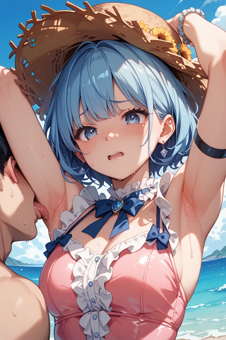 SFW masterpieces、extremely detailed 8k CG、Sharp lines)、Remu,Rezero,Official art、Colorful and beautiful Japan anime style big eyes、Kawaii Girl、light blue short hair、hair adornments、dark-brown eyes、Small hard nipple erection:1.4、( sperm dripping:1.6)、looking at the viewers、full of shyness、 (large full breasts)、(From above、Gonzo:1.3)、cammel toe:1.3、 barechested、tits out、cleavage of the breast:1.3、slick skin:1.2、(full of sweat) 、(Detailed tongue:1.3),(Mouth open 、 protrude:1.5)、Detailed mouth、 Composition visible to the viewer up to the upper body