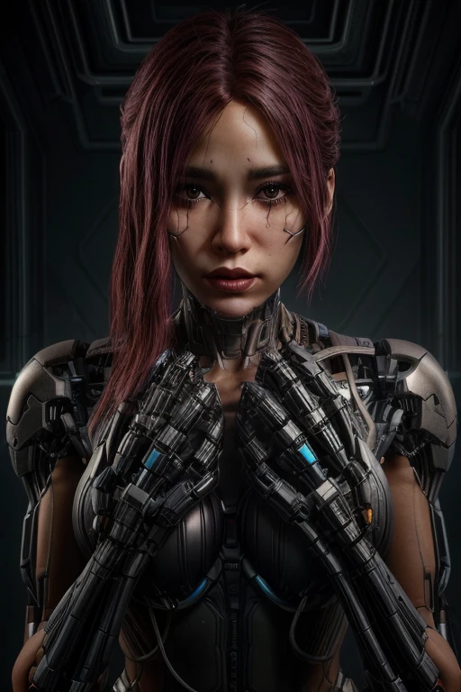 a close up of a person holding a gun with blood on it, detailed cyberpunk illustration, detailed sci-fi art, red biomechanical details, cyborg and wire details, intricate cyborg, highly detailed digital artwork, intricate digital artwork, detailed portrait of a cyborg, sci - fi illustrations, insanely highly detailed artwork, sci-fi illustrations, ultra detailed game art