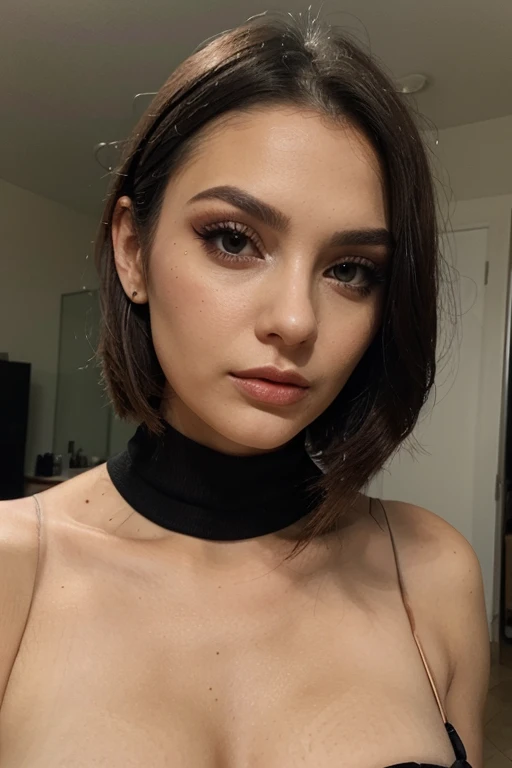 8k, solo, beautiful girl,makeup, blush, lipstick, red lips, portrait, realistic, green eyes, looking at viewer, painting, black leather dress , black leather mask, sexy , horny , looks great