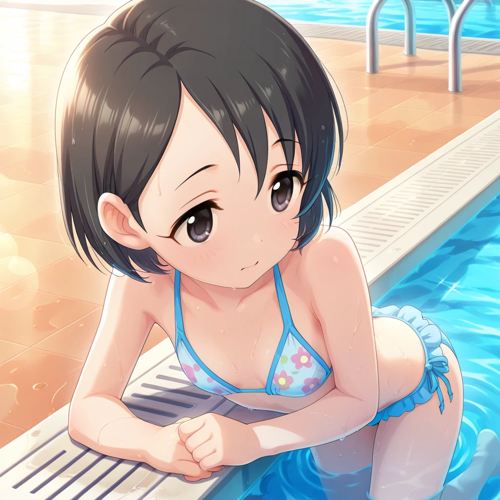 Anime Girls in a bikini sitting on a ledge by a pool, Anime Moe Art Style, cute Anime Girls, Splash art anime , Pixiv, Wallpaper Anime Blue Water, Makoto Shinkai's art style, Anime Style 4k, Wearing a swimsuit, Digital anime art!!, at Pixiv, (Anime Girls), sayori, Next to the pool