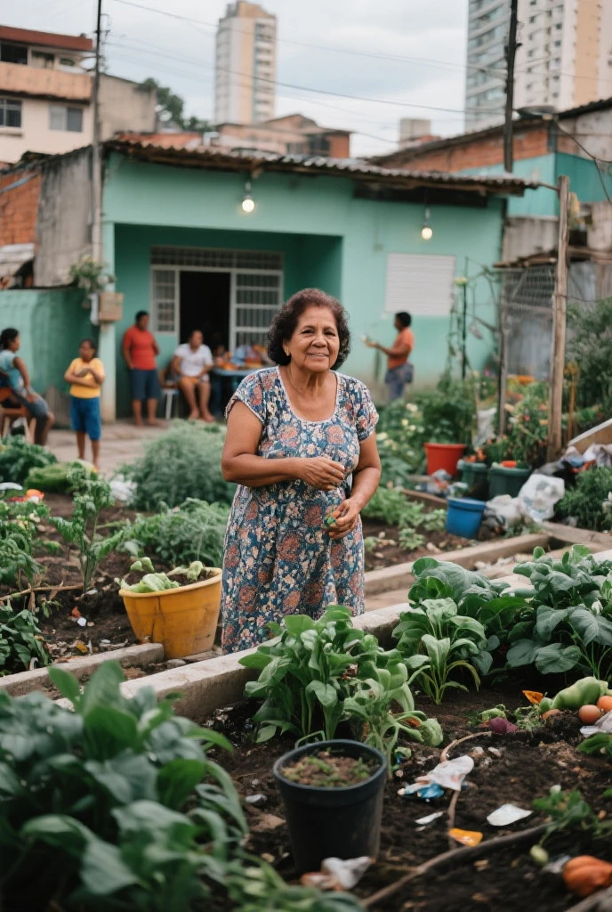 (best qualityer)), ((detailded), I want a picture of a mother of a family, she is 60 years old, short and chubby, with a body full of curves, a natural body. She is on a favela street with bags in her hand, she is