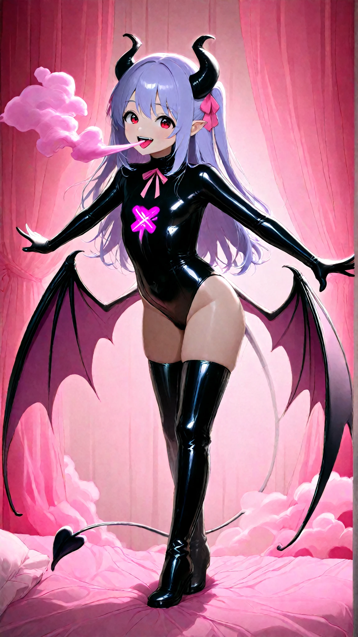 (best quality,4k,highres),ultra-detailed,(realistic:1.37),dark fantasy,chaotic,ethereal,powerful, vibrant colors, intense lighting, dramatic shadows, (HDR), (UHD), (studio lighting), (extreme detail description), (physically-based rendering), (bokeh), portraits
Thicc ebony skinned female, curvy, busty, showing cleavage, (extremely detailed eyes and face), long eyelashes, (beautiful detailed eyes), (beautiful detailed lips), succubus, long wavy white hair, wearing pink nicki minaj inspired outfit, large demon wings, showing full body, dark ebony skin tone, ebony skin, dark skin tone, pink outfit, wearing pink nicki minaj outfit