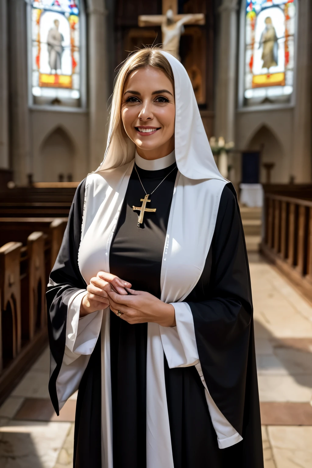 Mature beautiful italian woman、Blonde Hair、Smiling with teeth showing、Saggy breasts、Slim body、Monastic uniform、Nuns、Standing in the church